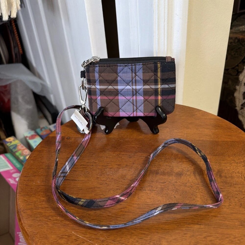 Plaid Wristlet Card Holder with Detachable Strap - Pink & Brown